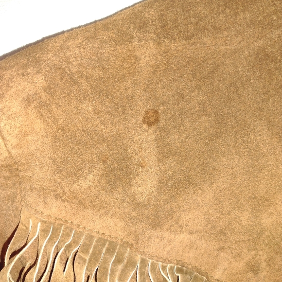 SOLD women's denim and co 100% leather shell fringe tan jacket button up small - Picture 9 of 11